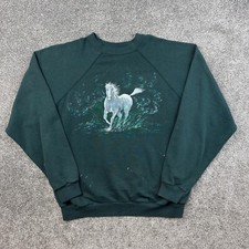 Vintage Horses Sweatshirt Mens XL Forest Green Hand Painted Art Nature Animals