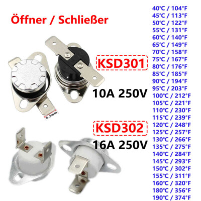 Temperaturschalter 40-190  Öffner Schließer 250V 10 16A KSD301 302Thermoschalter