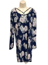 Just be Dress L  blue pink floral long sleeve V neck Soft knit