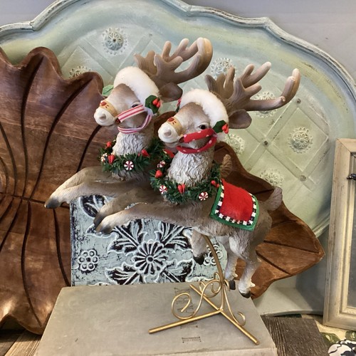 Reindeer flying pair on gold stand Plastic Leaping Dressed 10 1/2”H Christmas - Picture 2 of 10