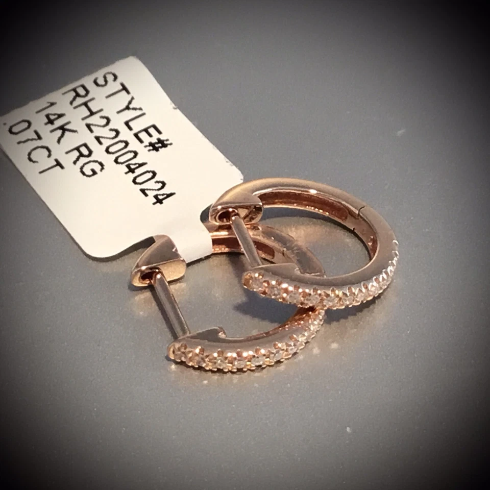 NWT RON HAMI 14 K R/G  PAVE DIAMOND 11 MM HUGGIE HOOP EARRINGS - Image 3 of 4