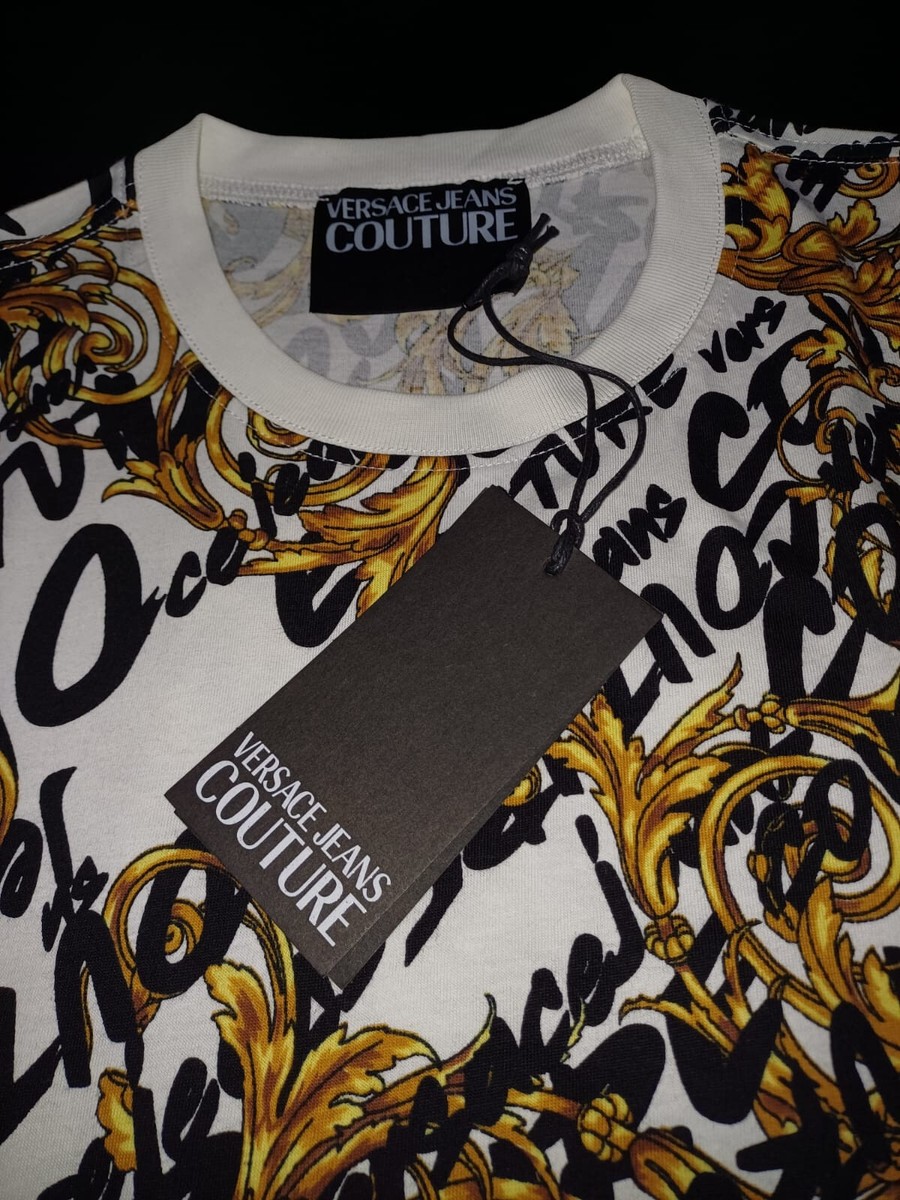 Tシャツ・カットソー VERSACE JEANS COTTON T-SHIRT WITH BAROQUE OUTLINE LOGO Versace Jeans Couture Baroque Outline Logo T-Shirt in Gray