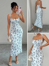 Women's Ditsy Floral Spaghetti Strap Long Boho Cami Dress Elegant