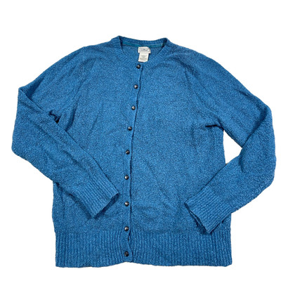LL Bean Cardigan Sweater Women Large Blue Wool Blent Lightweight Crewneck