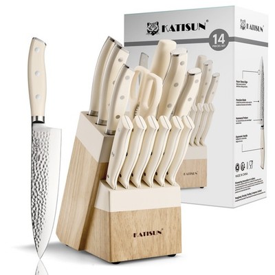 14pcs Professional Cream-white Kitchen Knife Set - With Hammered Pattern