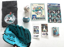 LOT: 9 VINTAGE '90s FLORIDA MARLINS promos - Glove, cards, pins, Billy Marlin VG