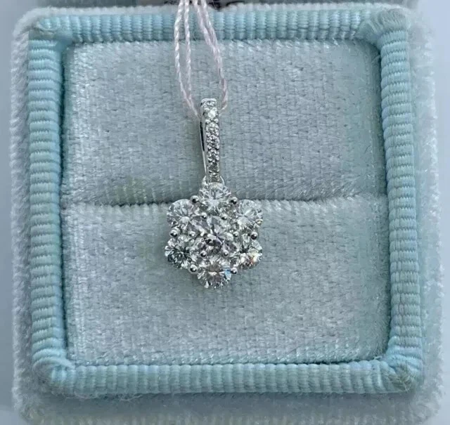 Flower Cluster Pendant 1.00 Ct Round Cut Real Moissanite 14K White Gold Plated - Image 4 of 4