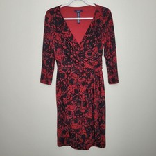 Chaps black red grunge abstract floral faux wrap stretch flattering dress size M