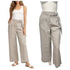 Halston Linen Wrap Pants Small Beige Wide Leg Cropped Tie Waist Minimalist