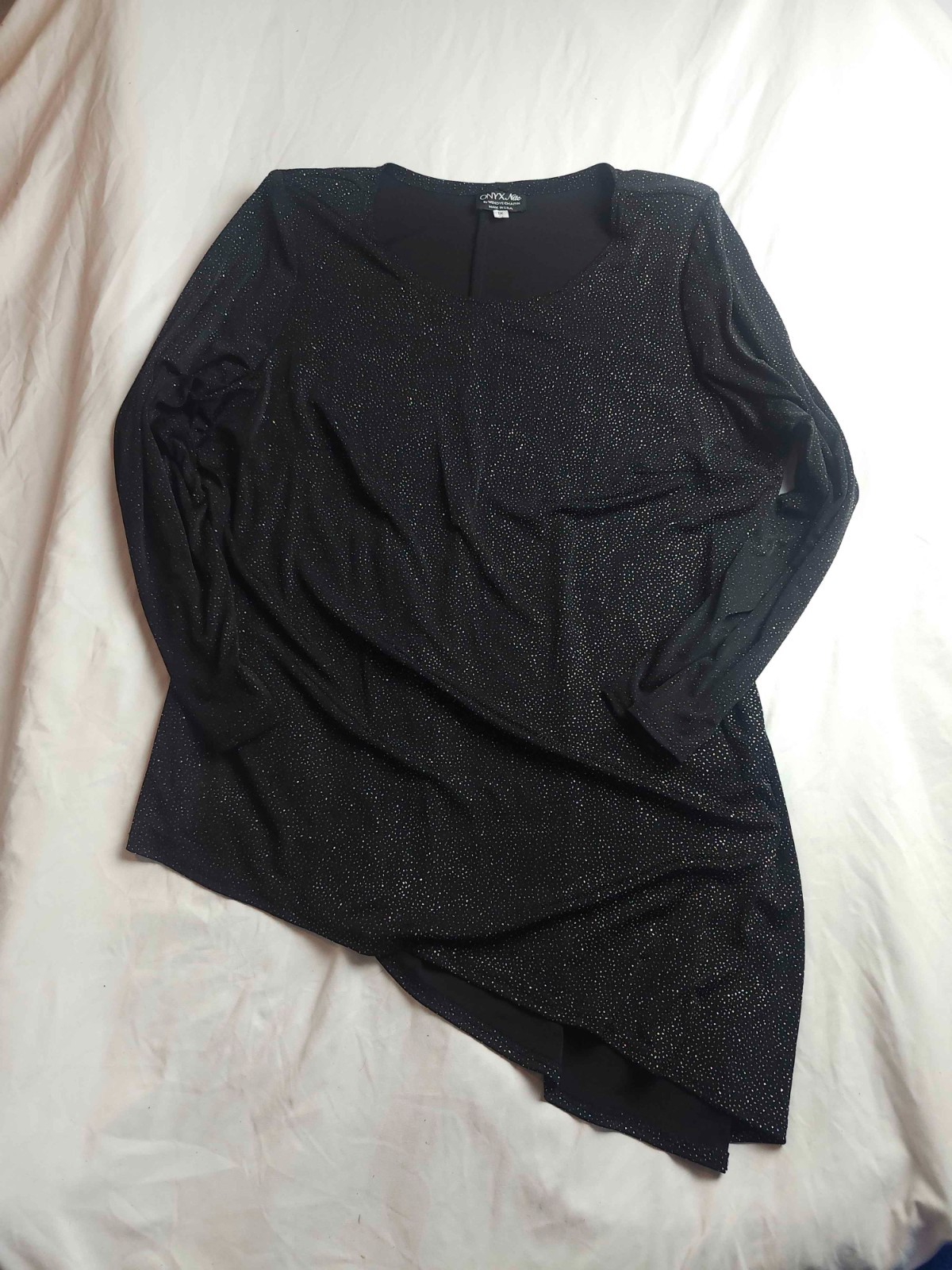 Onyx Nite Blouse Top Womens 1X Black Rhinestones Asymmetric Evening Cocktail