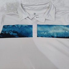 All In Motion Mens Medium Performance White Polo Shirt Blue Abstract Ocean P