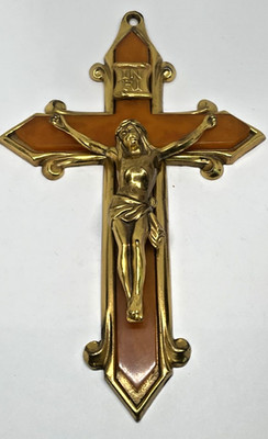 Vintage Butterscotch Bakelite & Brass 6 Inch Cross Crucifix INRI 1930's