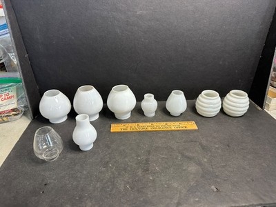 9 Vintage Mini Lamp Globes, Chimneys, Milk Glass, Clear, Bee Hive Etc.