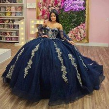 Navy Quinceanera Dresses Off Shoulder Lace Appliques Big Bow Ball Gowns Sweet 16
