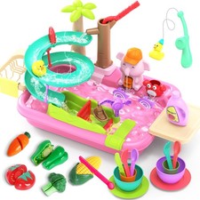 Play Sink with Running Water, 4 in 1 Kitchen Sink with Cutting Food Toys Set,...