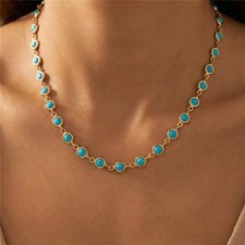 14K Yellow Gold Plated Round Sleeping Beauty Turquoise Station Necklace Lobster
