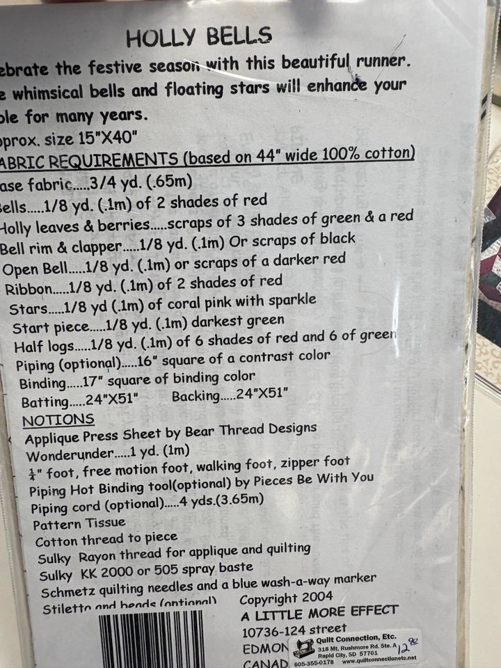 HOLLY BELLS Christmas Table Runner  pattern, 15x40", applique and piecing - Image 2 of 2