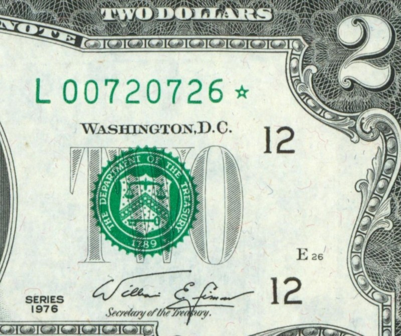 **STAR - 6 DIGIT** $2 1976 ((CU)) FEDERAL RESERVE (RED GLUE) (1st of 4 consec)