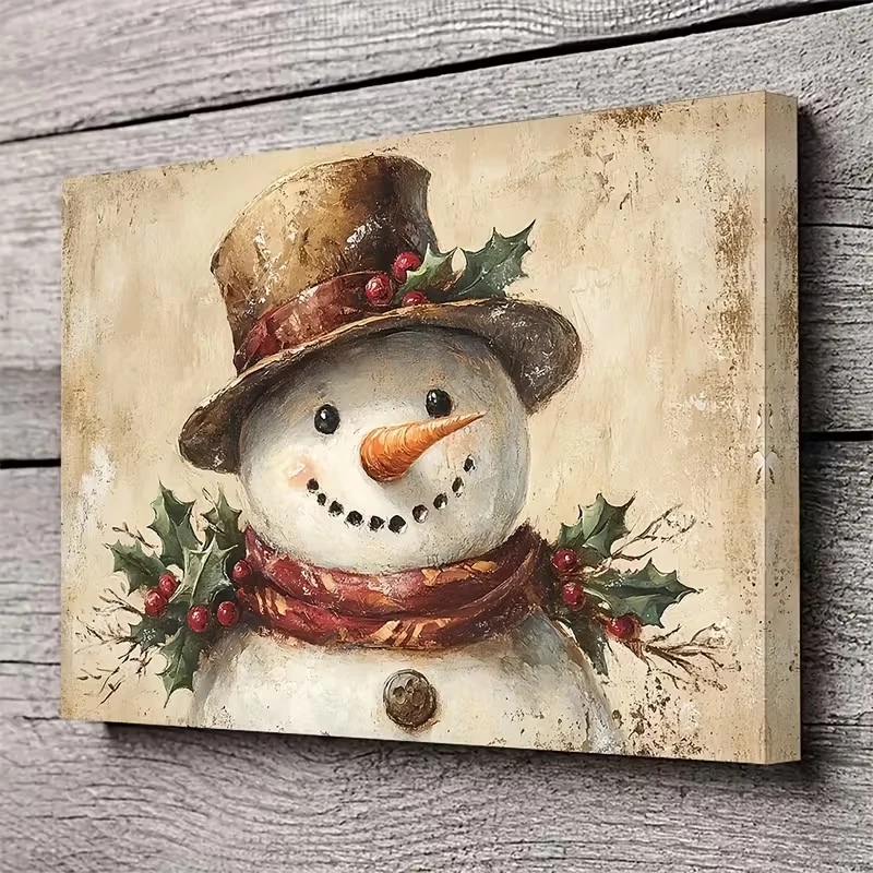 Vintage Christmas Snowman Canvas Wall Art, Rustic Winter Holiday Artwork - Image 2 of 4