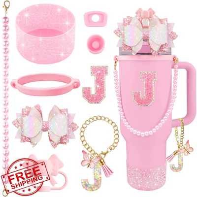 #ad Hpebl Pink Stanley Cup Accessories Set Bling Initials Bow Letter J $20.00