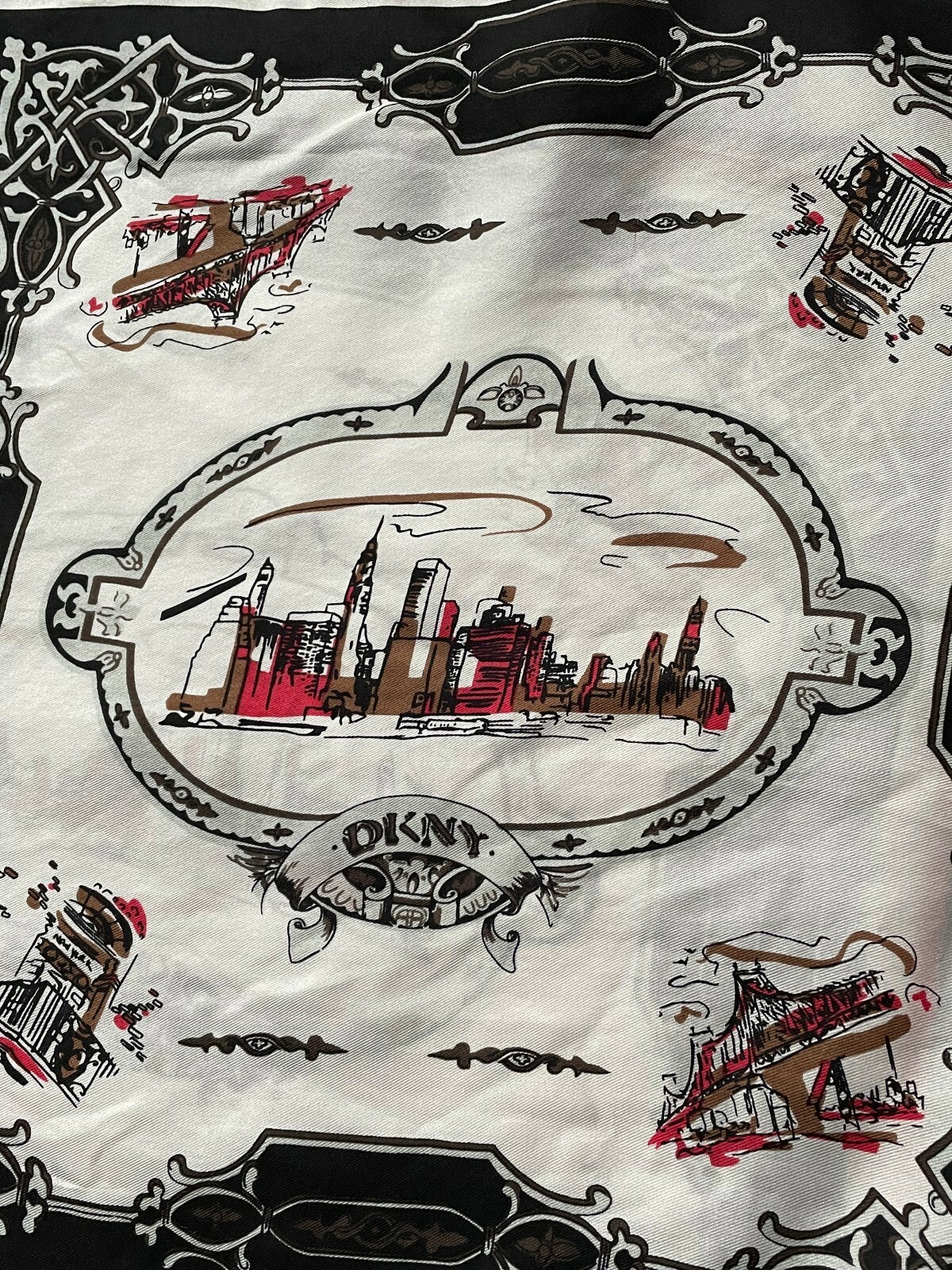 Vintage DKNY Silk Scarf NYC Skyline Logo Black White … Gem