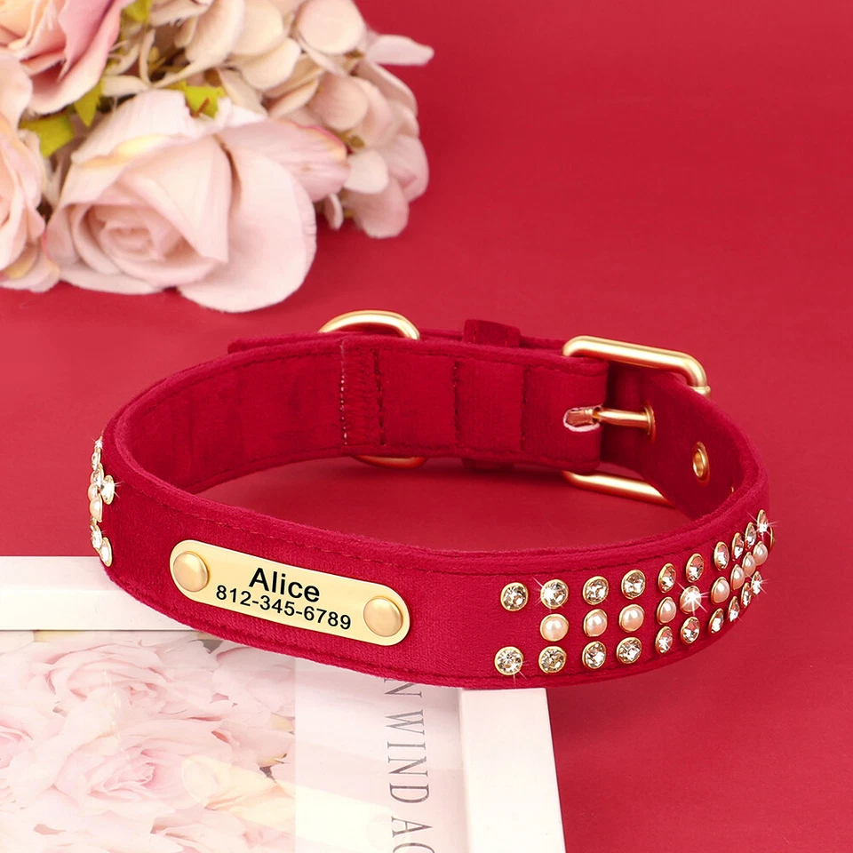 Collar de perro personalizado de terciopelo suave con número de nombre hebilla de metal grabado S M L Foto 3 de 4