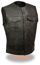 Mens Black Leather Motorcycle Biker Vest with Concealed Snaps  Gun Pocket