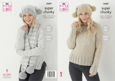 King Cole Damen Super Grobstrick Muster Easy Knit Pullover Mütze Schal 5669