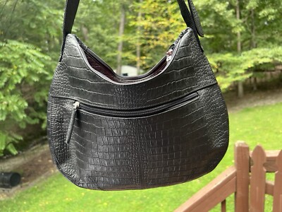 STONE MOUNTAIN 100% GENUINE LEATHER embossed Hobo Black ADJ Shoulder Handbag