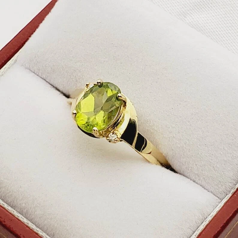 1.15 Ct Peridot & Lab Grown CVD Diamond Ring Prong 10K Solid Yellow Gold - Image 2 of 4