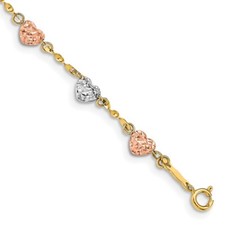 14K Tri Color Gold Diamond-cut Puff Heart Bracelet 8" 1.68 gram