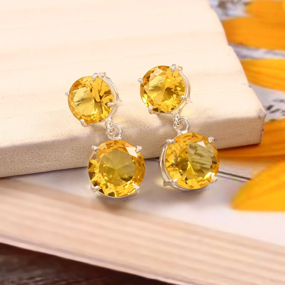 Pendientes redondos de cuarzo citrino amarillo piedras preciosas enchapados en plata delicadas joyas Foto 2 de 3