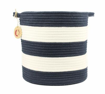Cotton Rope Woven Storage Baskets 12'' with Handles Navy Blue and White 