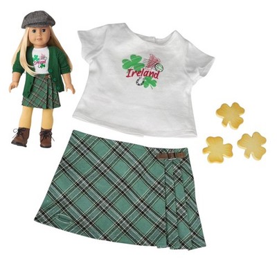 American Girl Ireland Plaid Skirt Tee 3 Shamrock Biscuits Irish World Traveler