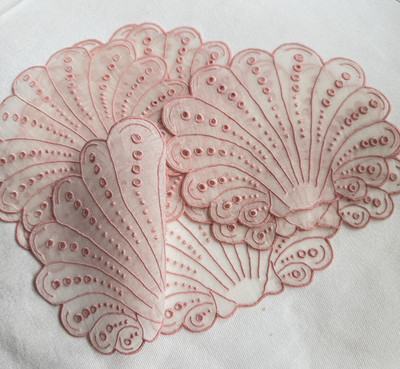 Vintage Cocktail Napkins MADEIRA Organdy Shell Shape Hand Embroidered Pink Set 7