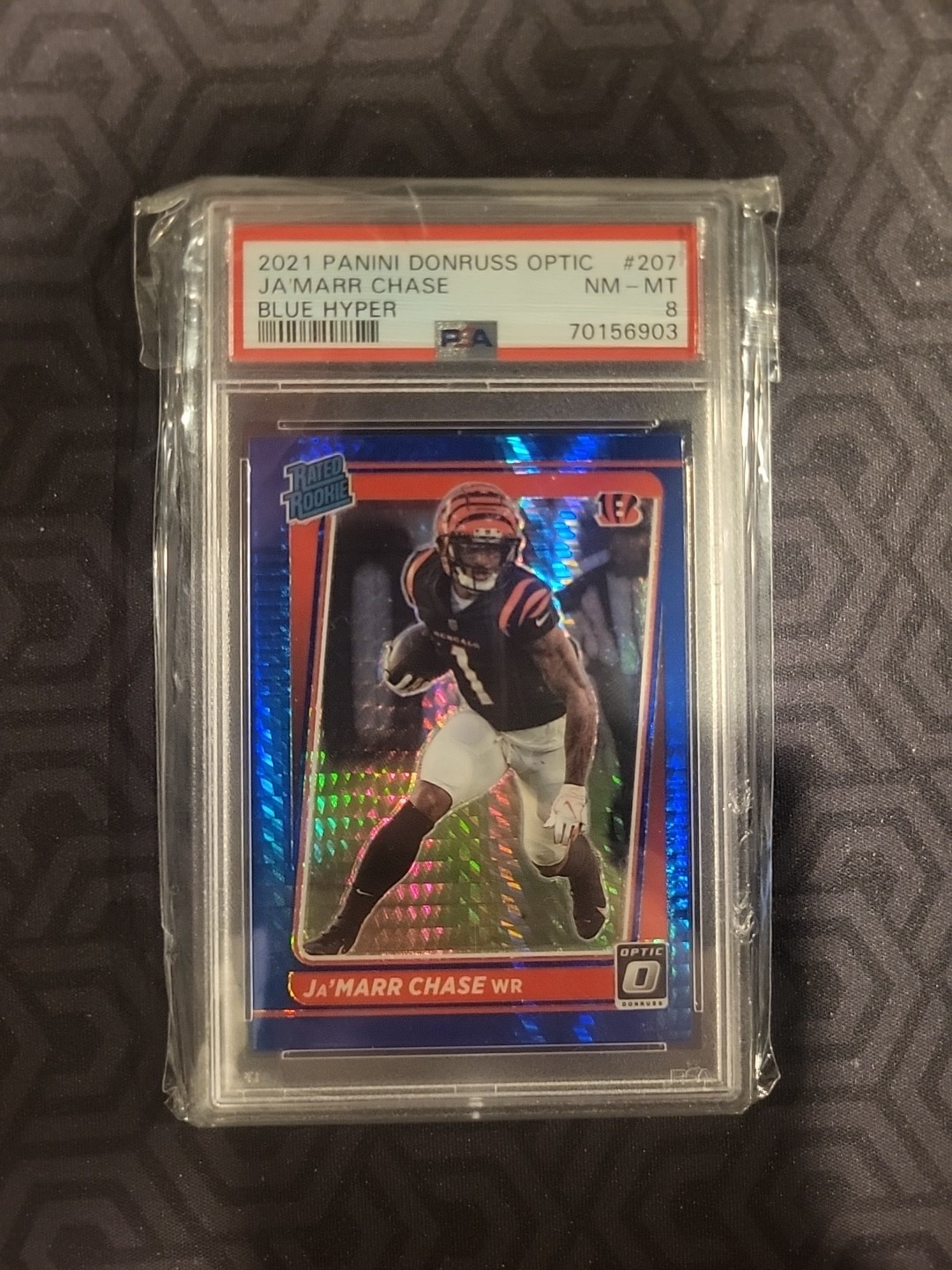 2021 Panini Donruss Optic Ja'Marr Chase Blue Hyper Rated Rookie #207 PSA 8