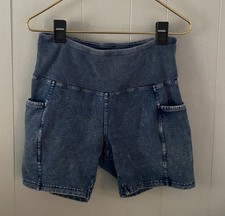 Free People FP Movement High Rise Biker Shorts Washed Indigo Sz M Side Pockets