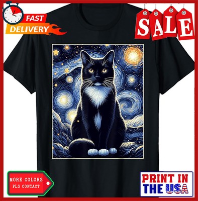 Tuxedo Cat Starry Night Shirt Van Gogh Painting Cat Lover T-Shirt