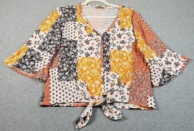 LAVISH Top Women s Medium M Floral ¾ Bell Sleeve V Neck Tie Front Stretch Spring