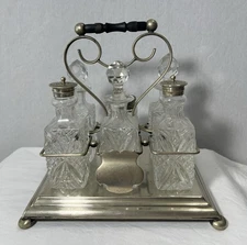 ANTIQUE 1800'S SILVER PLATE EPNS CRYSTAL CRUET BOTTLES & CADDY SET CONDIMENTS