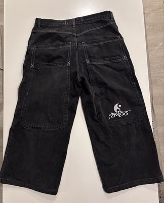 JNCO Wide-Leg Black Denim Men's Shorts Yin Yang Embroidered 36