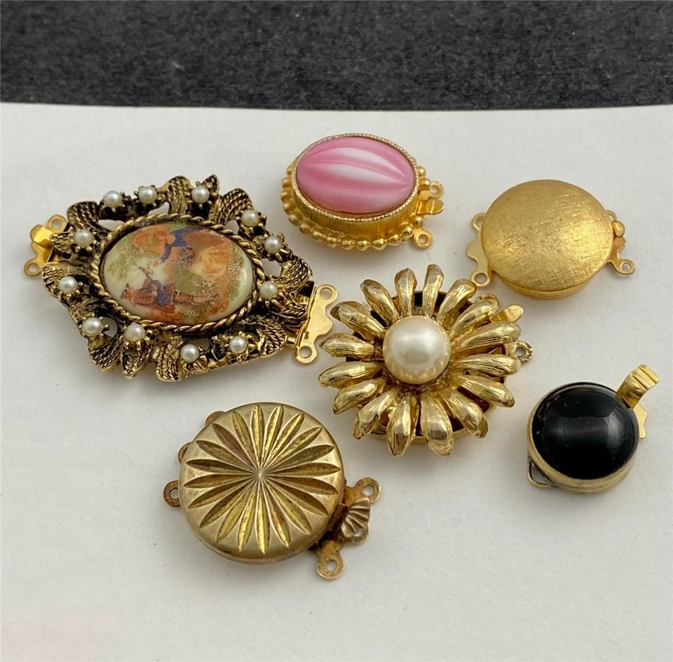 6 Vintage Gold Tone Replacement Box Clasps Necklace Bracelet 1,2 & 3 Strands - Image 2 of 3