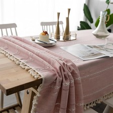 Tassel Tablecloth Pink Cotton Linen Soft Stripe Stain Resistant Dust-Proof Table