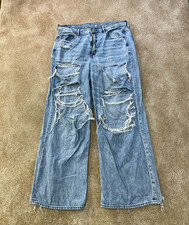 American Eagle Super High Baggy Wide Leg Jeans Women 14 Blue Denim ripped