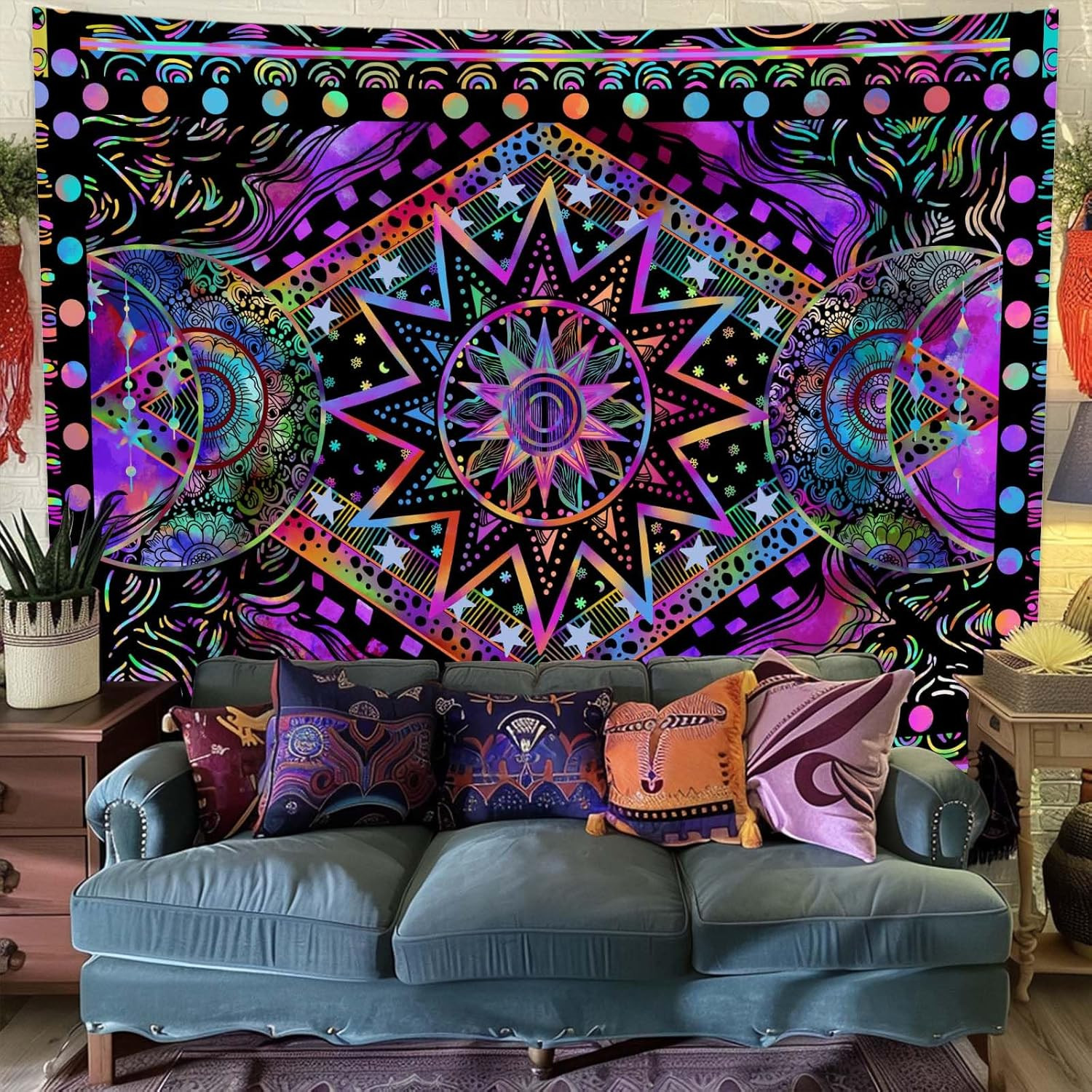 Blacklight Sun and Moon Tapestry Glow in The Dark Neon Hippie Bohemian Tapestrie