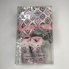 Pink  Gray Baby Gift Booties and Hat Set New