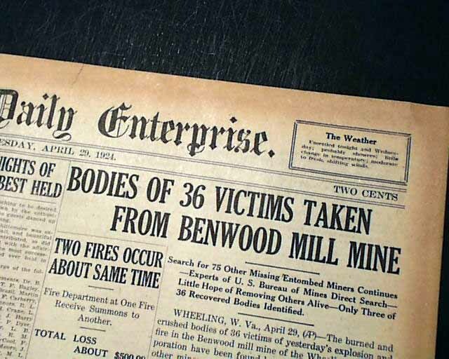 BENWOOD WV Marshall Co West Virginia Coal Mine EXPLOSION Disaster 1924