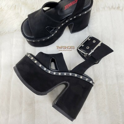 DEMONIA Camel 102 Stacked Black Velvet Platform Sandals Goth Punk