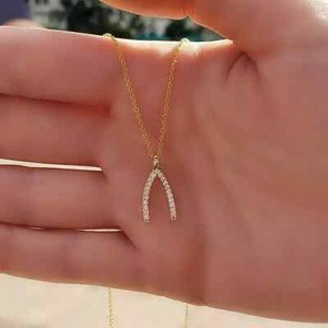 Authentic 1Ct Natural Moissanite Wishbone Necklace Pendant 14K Yellow Gold Plated Silver