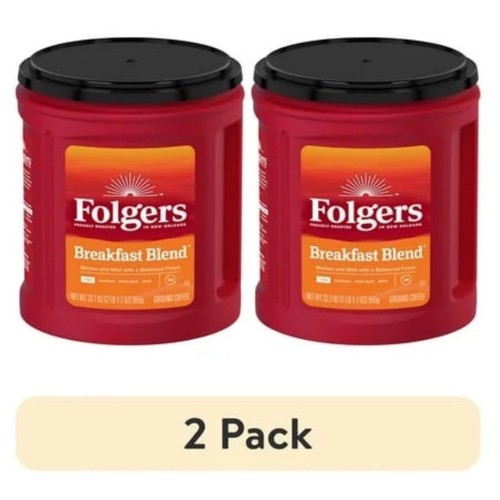 (2 pack) Folgers Breakfast Blend Ground Coffee Smooth & Mild 33.7 oz Canister
